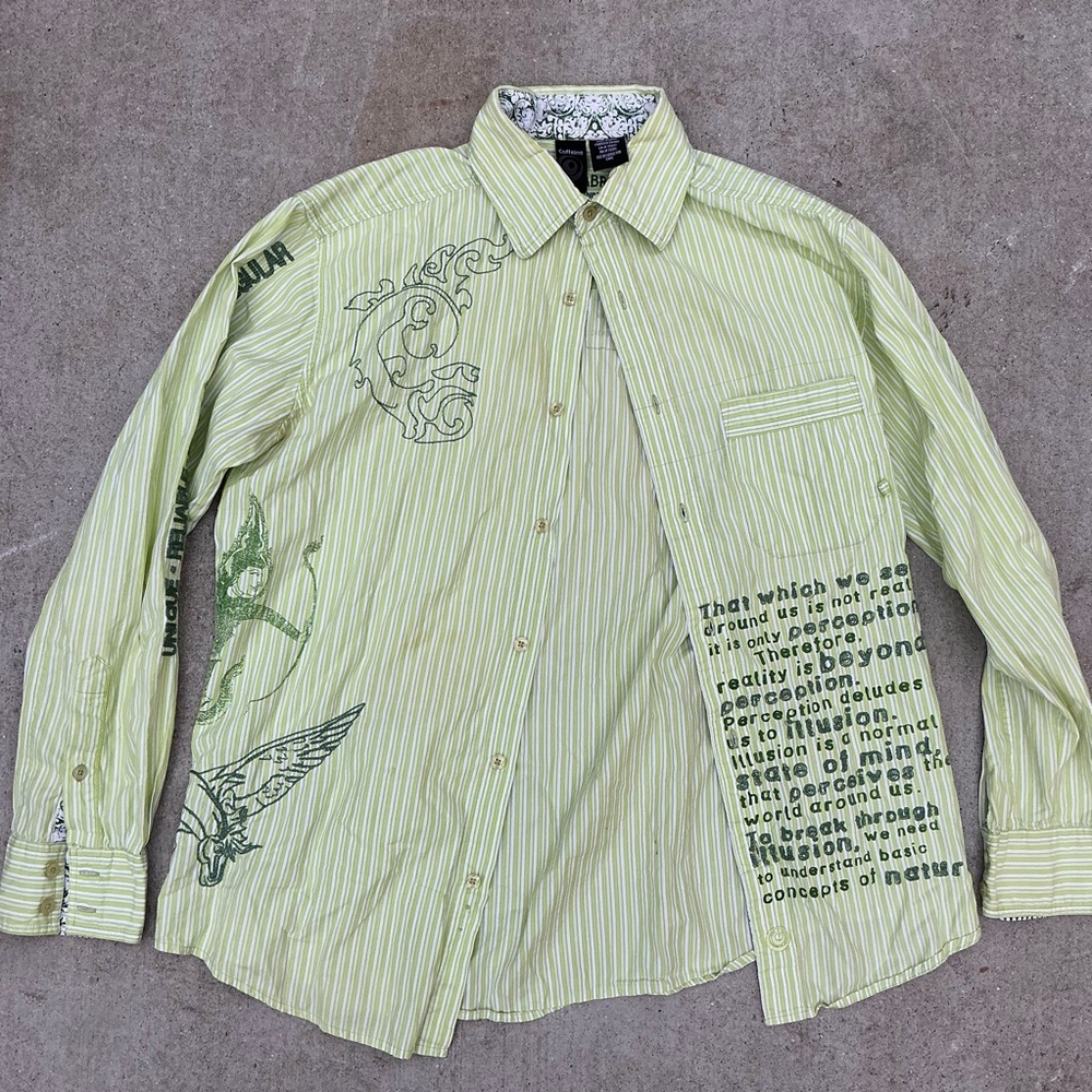 Caffeine Men's Green Graphic Shirt y2k button up medium